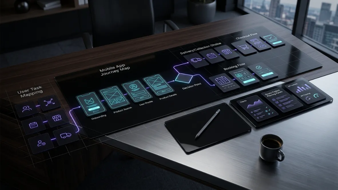 App discovery and customer journey planning visual for a mobile product build