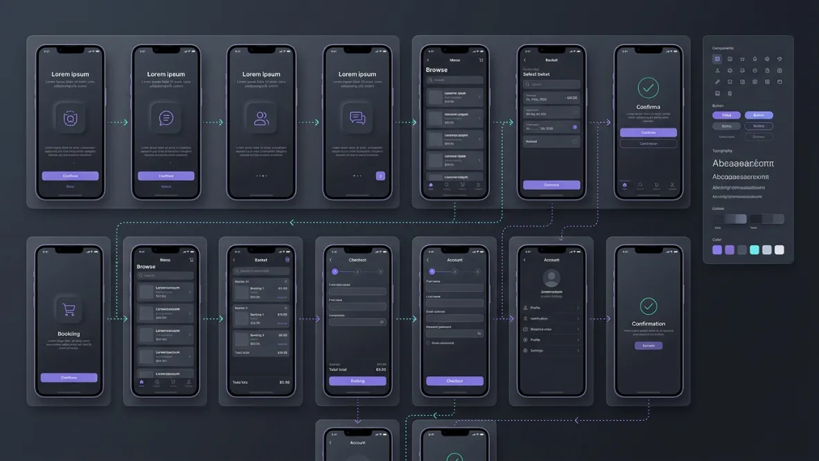 Mobile app UX wireframes and user flow screens for an app development process