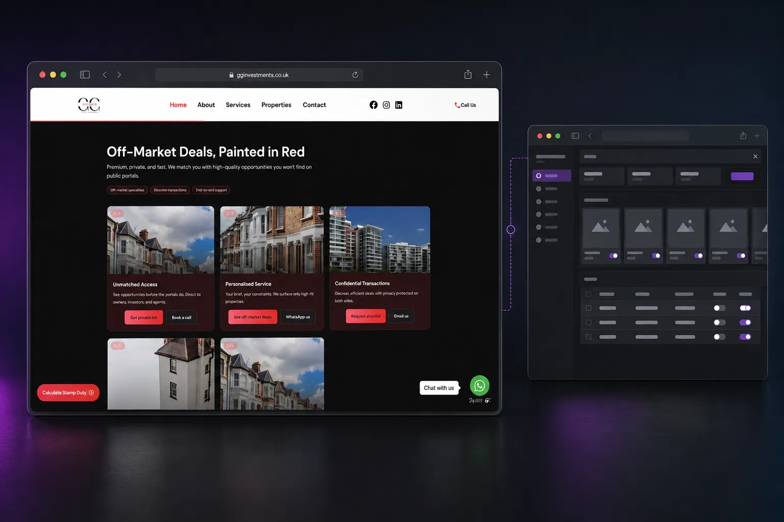 GG Investments admin dashboard workflow for creating and managing property listings